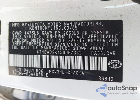 2005 Toyota Camry Se V6 from USA, damaged, VIN 4T1BA32K45U067332